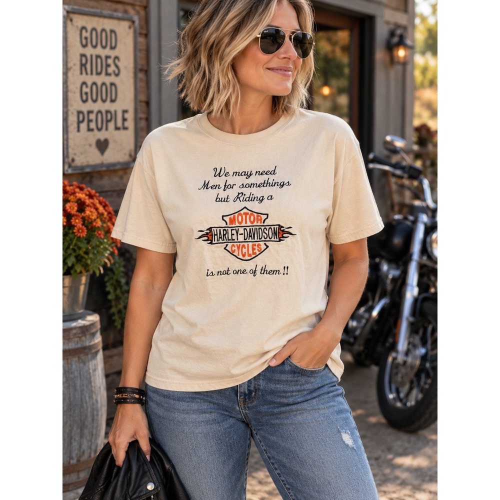 Gildan Medium Cream Embroidered Harley Davidson Motorcycle Biker Humor Tee